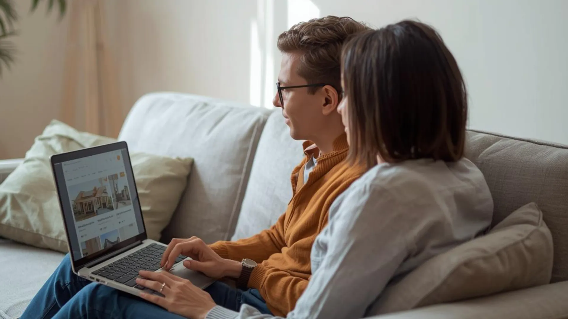 Couple browsing home listings together on a laptop