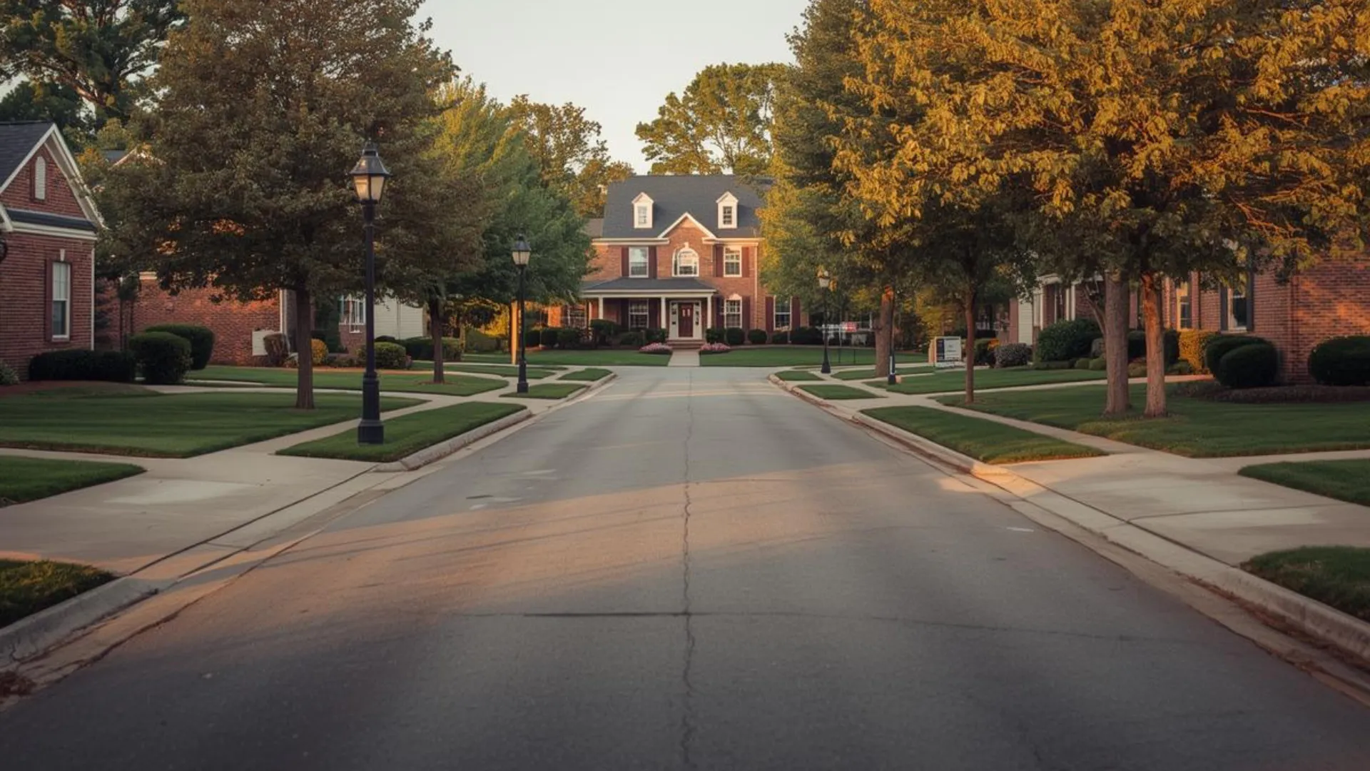 A tree-lined suburban neighborhood street in Middle Tennessee at golden hour